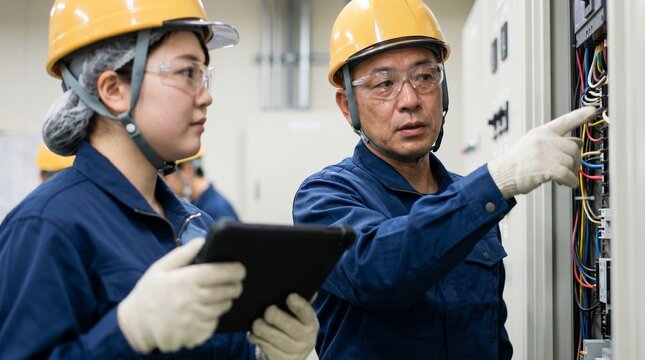 電気工事士の日本人ベテラン男性と女性進出を進める若手女性が配電盤を点検する様子、DX化された現場でタブレットを活用し若手育成を行う屋内作業風景