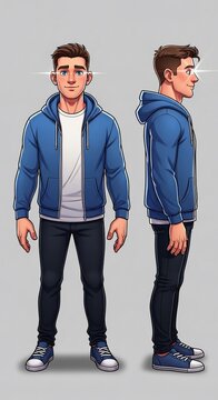 青いパーカーの男性、正面と横向きのキャラクターイラスト