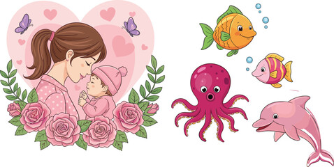 Mother hugging baby with floral heart design and cute sea animals collection including fish octopus and dolphin, colorful cartoon vector illustration © Jahangir
