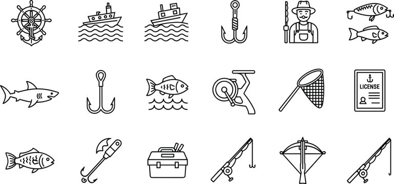 Fishing line icons set with boat anchor hooks rods fish net tackle box and fisherman outline vector collection