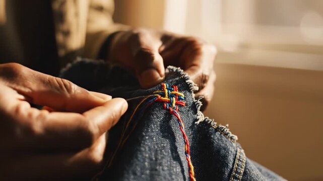 Hands sewing colorful pattern on blue denim fabric