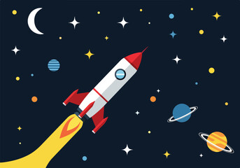 A rocket launching into space with planets and stars © Murtiani