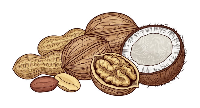 Hand-drawn vector illustration of assorted nuts including peanuts in shells, whole walnuts, a cracked walnut revealing the kernel, and a halved coconut, isolated on a white background.