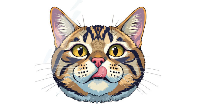 Charming vector illustration of a tabby cat's head, featuring bright yellow eyes and a playful tongue licking its nose, perfect for animal-themed graphic designs