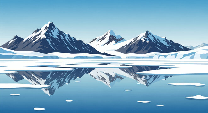 Vector illustration of a wide arctic landscape featuring jagged snowy mountain peaks reflecting on calm blue water surface with floating ice floes under a clear bright sky.