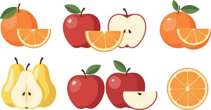 Fresh fruit collection with apples, oranges and pears, whole and sliced pieces vector illustration set for healthy food design