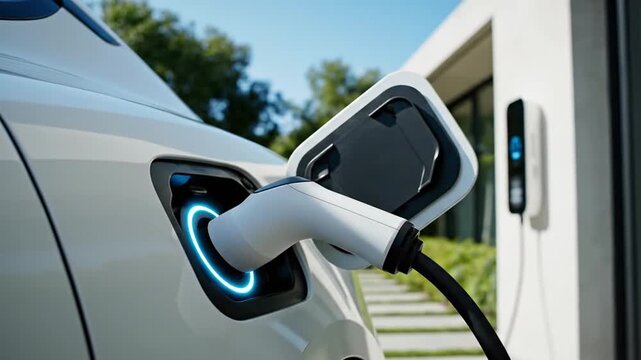 Woman's hand plugging electric car into home charging station