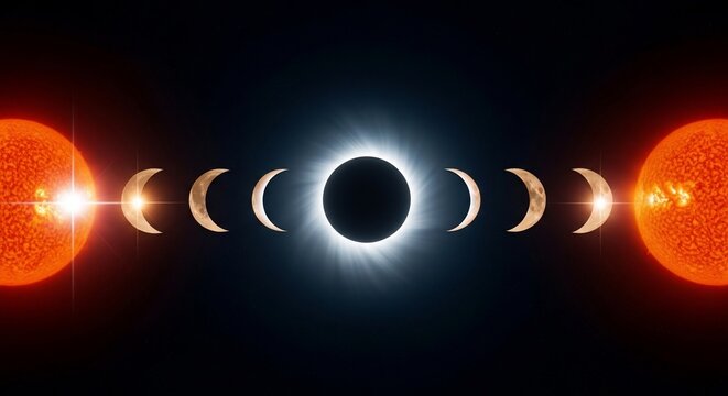 太陽と月の配置、宇宙の現象、夜空、光と影、神秘的な光景