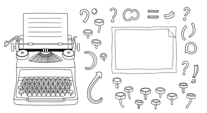 Hand-drawn black and white line art illustration set featuring a vintage typewriter with paper, scattered mechanical keys, question marks, punctuation, and a blank bordered frame.