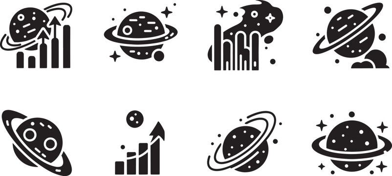 Set of space and planet icons with growth charts and celestial elements
