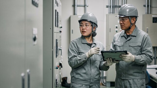 電気工事士の日本人ベテラン男性と若手育成中の女性がタブレットで点検情報を共有する様子、DX化と女性進出が進む電気設備室でのコミュニケーション風景