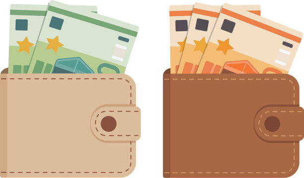 Vector illustration of two wallets, beige wallet containing green euro banknotes with stars, and brown wallet containing orange and beige euro banknotes, clean flat design concept for finance, banking