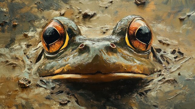 Close-up of frog's face in muddy water