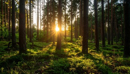 Fototapeta premium Sun streams through dense trees in a tranquil forest, illuminating lush green undergrowth