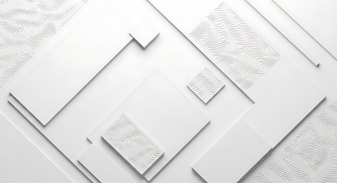 Modern minimalist white 3d composition with abstract rectangular blocks and intricate wavy topographical relief pattern texture