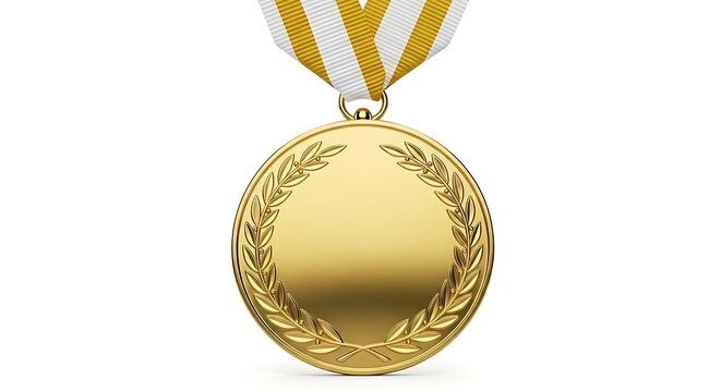 Shiny gold medal for outstanding achievement with laurel wreath engraving and striped ribbon for award winners