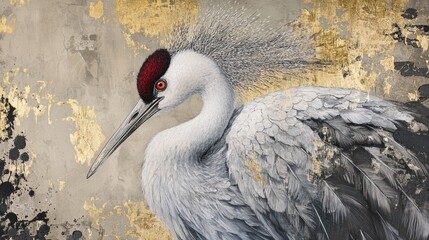 Obraz premium Elegant Crane Portrait on Textured Gold Background
