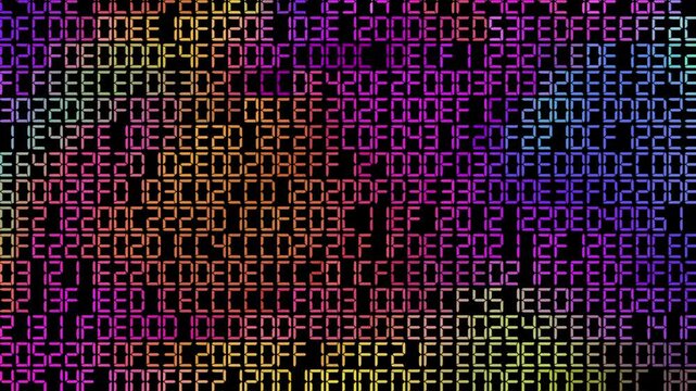 Colorful Hexadecimal Data Stream and Cyber Security Code Background Abstract Digital Matrix Hex Alphanumeric Screen for Programming and Big Data