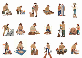 A collection of archeologists and paleontologists excavating, cleaning, and studying various fossils and ancient artifacts in a series of detailed illustrations. © Sewelas