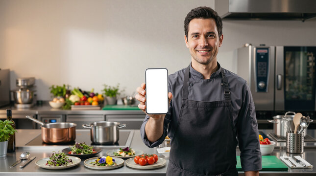 Chef holding blank smartphone mockup in restaurant kitchen