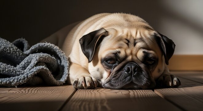 Resting pug dog on wooden floor in sunlight with blanket beside