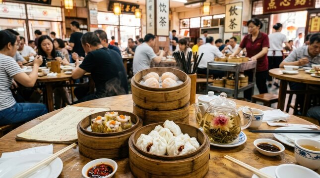 Authentic Chinese dim sum restaurant with people enjoying traditional steamed dumplings