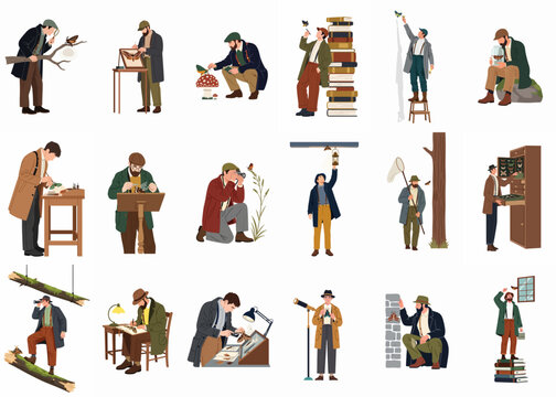Set of flat vector illustrations depicting entomologists and naturalists studying, collecting, and documenting various butterfly and moth species in vintage attire.