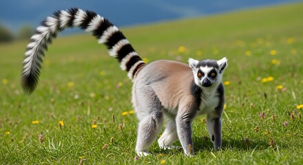 Fototapeta premium Ring tailed lemur in natural habitat with long striped tail and green grass