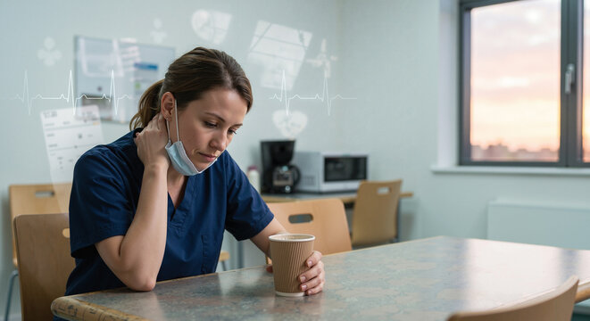 Overwhelmed and stressed nurse sitting and holding her coffee