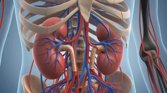 "Detailed anatomical kidneys illustration with renal arteries and veins, symbolizing filtration, circulation, and human vitality."