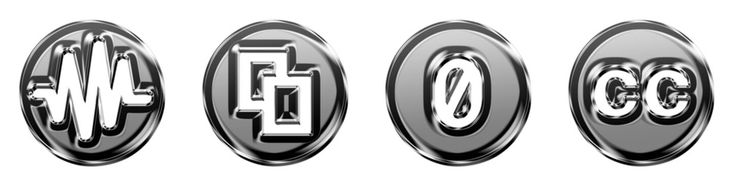 3D icon bundle plastic style - creative commons sampling, creative commons share, creative commons zero, and creative commons. Copyright icon collection and design. High quality.
