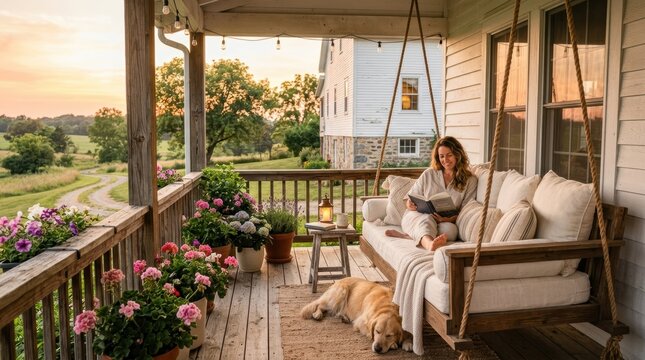 Woman reading a book on a porch swing with her dog sleeping nearby at sunset