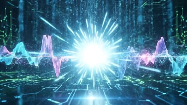 Abstract digital sound wave visualization, futuristic technology background.