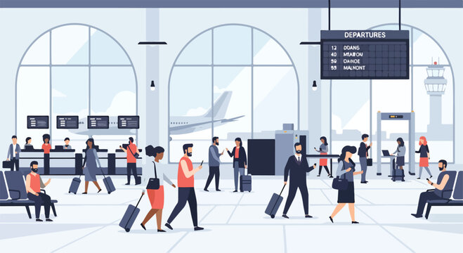 Illustration of busy airport terminal with travelers