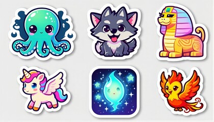 Obraz premium Kawaii Animal and Mythical Creatures Stickers Set