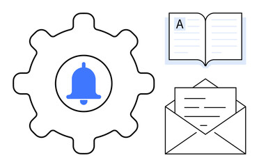 Notification preferences, education, digital communication, email systems, workflow management, information sharing. Gear icon with bell, envelope and book graphic. Notification preferences © robu_s