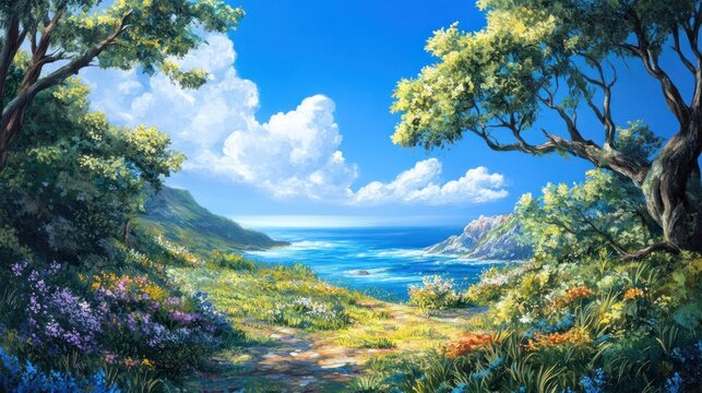 Sunny coastal path through wildflowers, scenic view