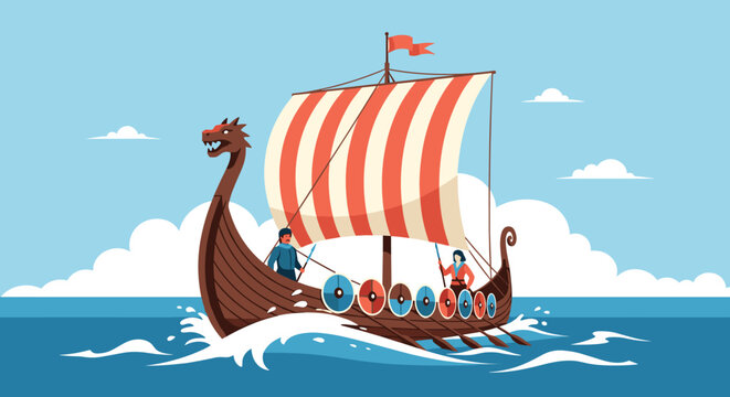 Traditional viking longship with a dragon head prow sailing on the rough sea with a red and white striped sail and shields.