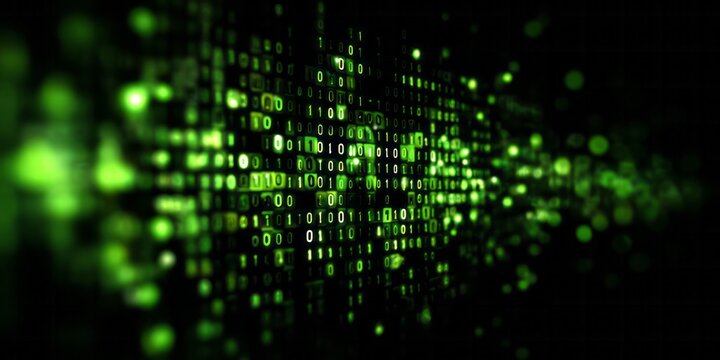 Glowing green binary code flows into a dark, blurred background.