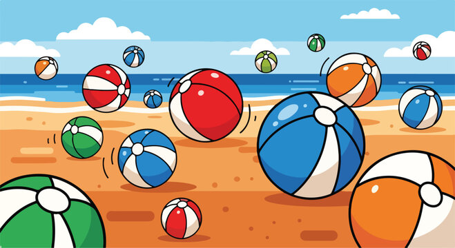 Colorful beach balls bouncing on sandy shore