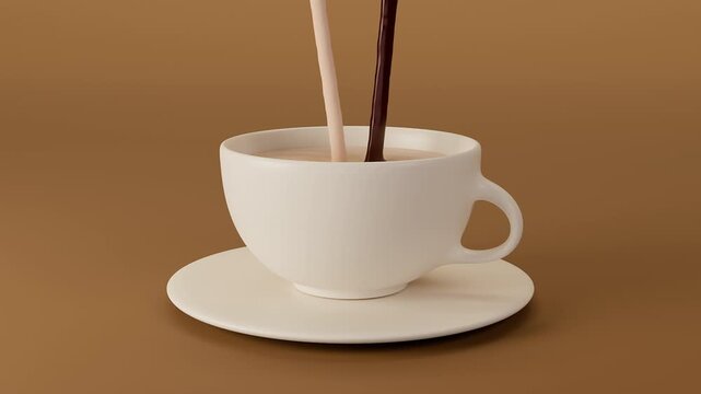 A 3D Blender animation shows multiple coffee beans floating and bursting into fine fragments. These particles transform into two separate streams of milk and coffee, blending together pour into a cup.