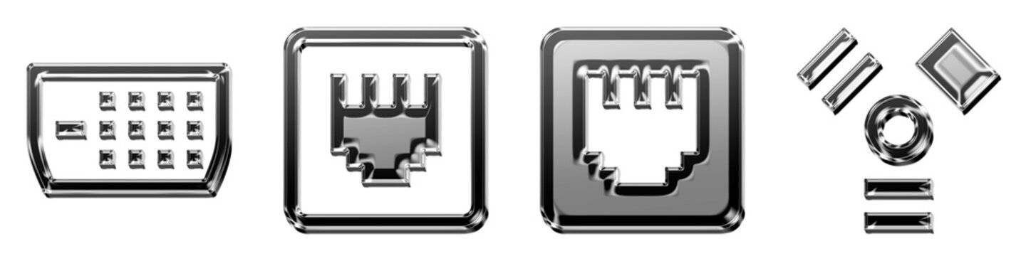 Set 3D glossy dvi, ethernet off, ethernet on, and firewire pictograms. Computer ports icon collection and design. Glossy icon illustration. Vibrant colors and soft shadows.