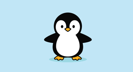 Fototapeta premium Cute cartoon illustration of a small black and white penguin standing on a blue background with a friendly expression.