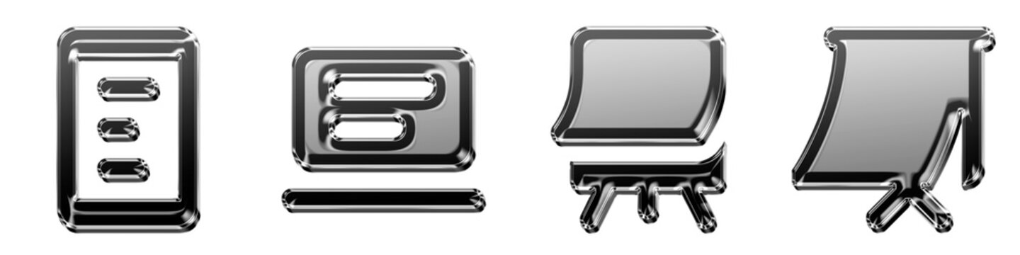 Set 3D translucent e learning 2, e learning, flip chart, and flipboard pictograms. Education learning and school academic resources. Glossy icon illustration.