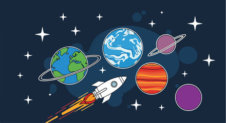 A rocket soars through a starry space scene with planets © Murtiani