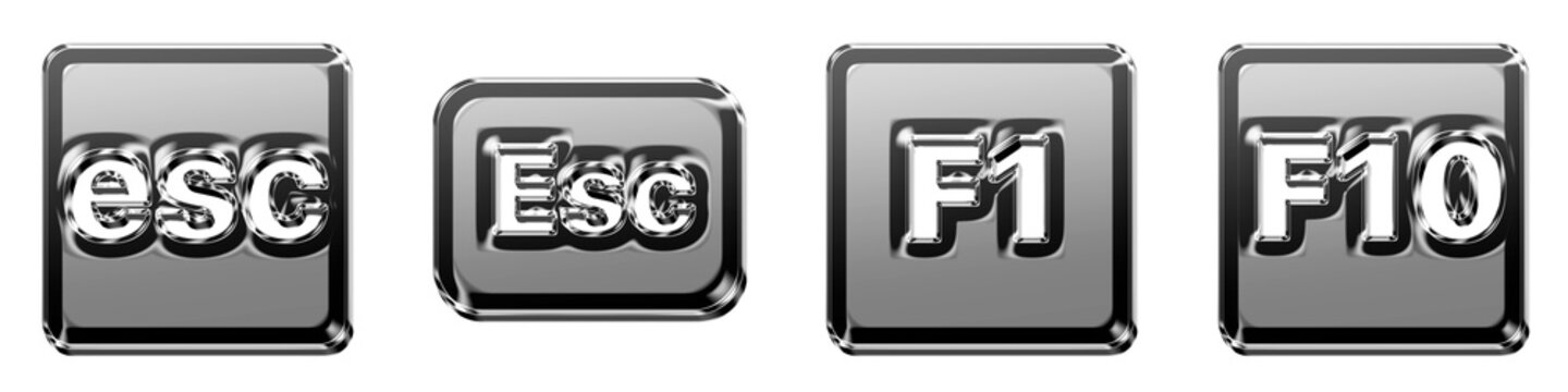 Gradient style 3D icons of esc mac, esc, f1 key, and f10 key on transparent background. Keyboard keys icon collection and design. Vibrant illustration.