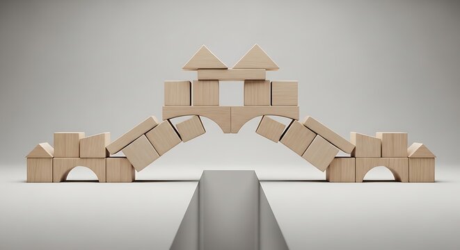 Wooden blocks building a bridge over a gap