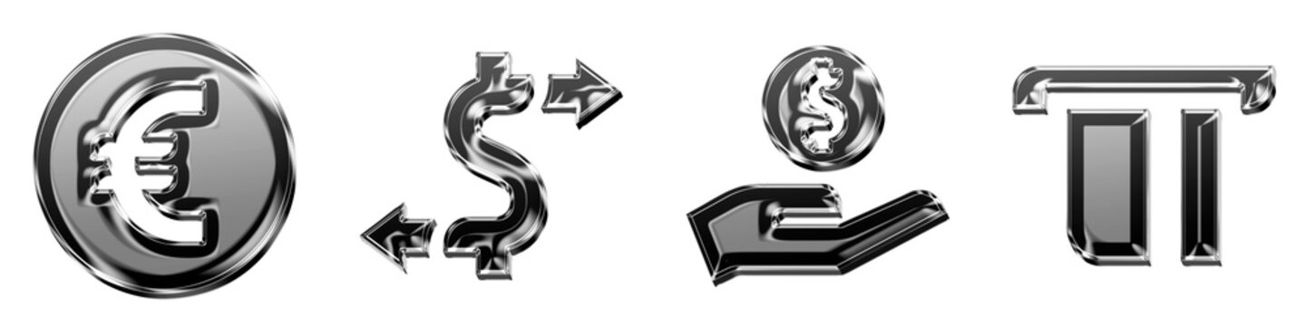 3D hologram icon set - euro pound exchange, exchange, get cash, and insert card. Finance banking investment and money management. 3D illustration on transparent background.