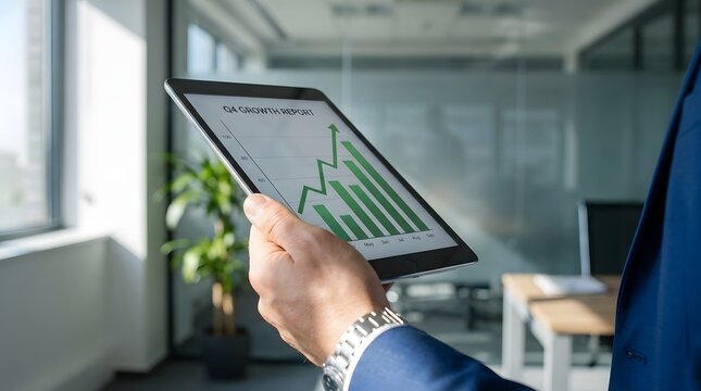 Businessman holding a tablet showing a q4 growth report chart
