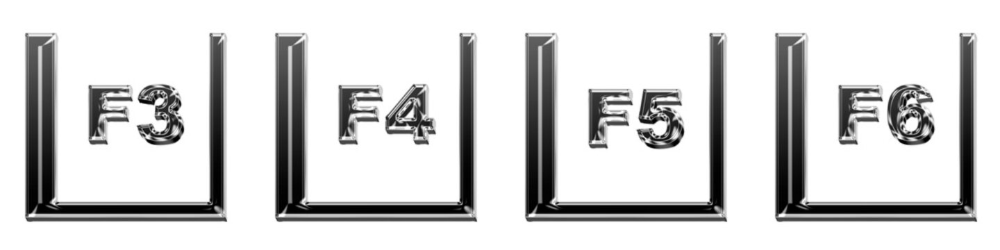 Set 3D chrome f3 key, f4 key, f5 key, and f6 key pictograms. Keys icon collection and design. Glossy icon illustration. Clean transparent background design.